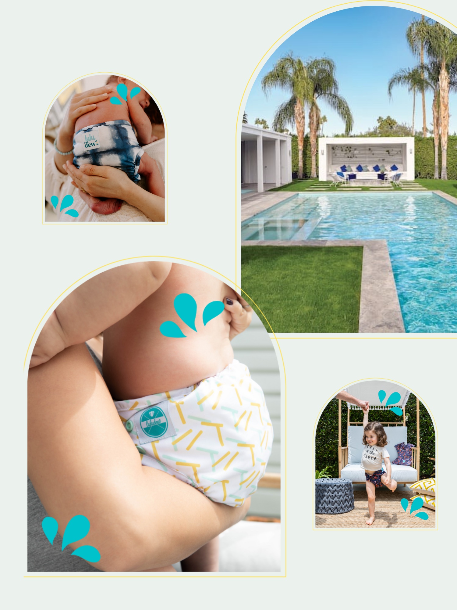 Images of babies being held in Luludew diapers with little girl and pool